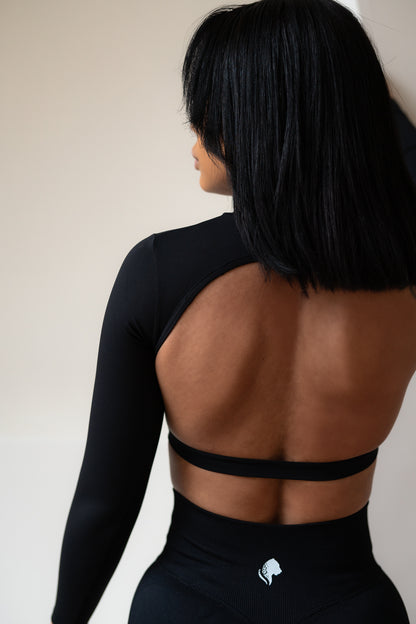 Open back long sleeve zwart